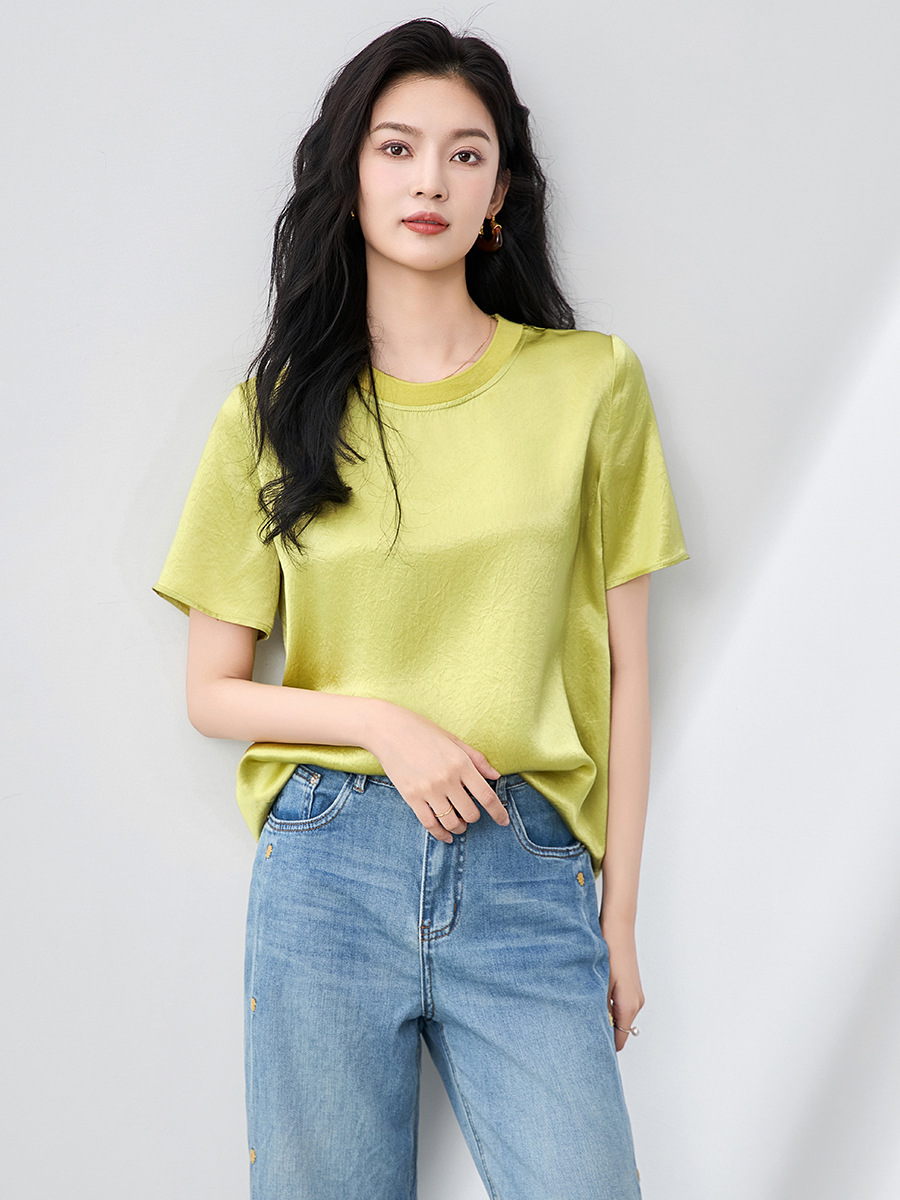 Áo thun satin chua crepe dáng rộng tay ngắn mát mẻ — Màu đen
