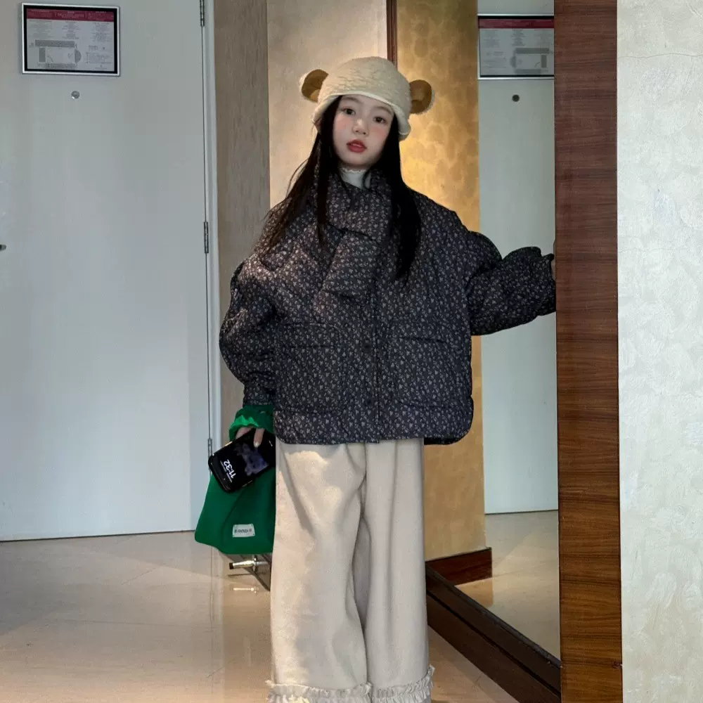 花与寻童装女童外套2025秋冬新款韩版碎花围脖棉衣加厚锁温洋气潮
