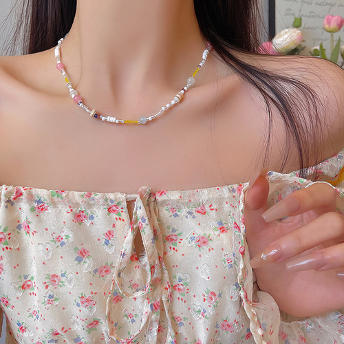 多巴胺彩色串珠项链新中式气质小众夏日锁骨链个性时尚高级感配饰