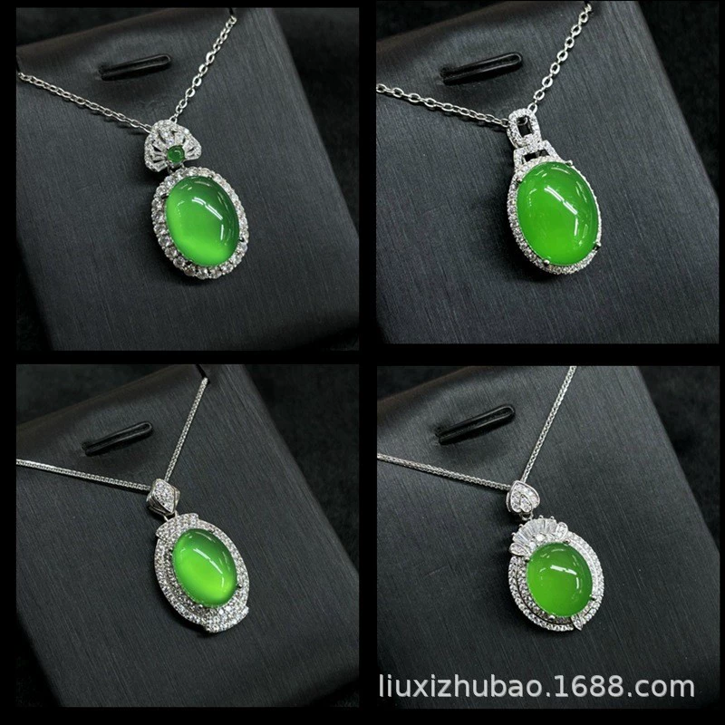 S925 Серебряный инкрустированный зеленый халцедон голубиного яйца