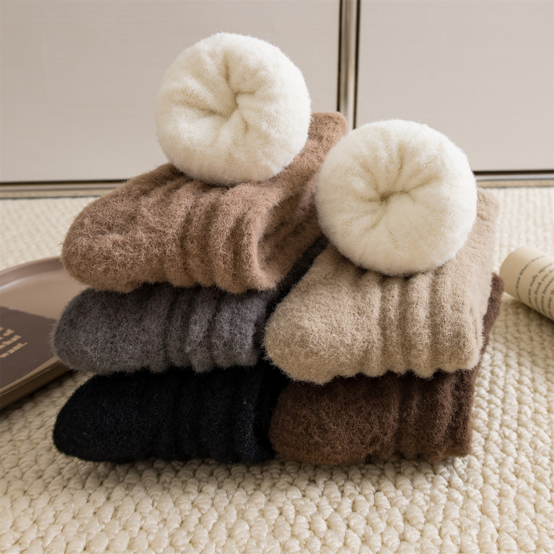White Fleece-Lined Socks for Women, Autumn and Winter Thick Warm Australian Fleece Winter Thermal Socks Paired with Snow Boots, Lace Stacked Socks