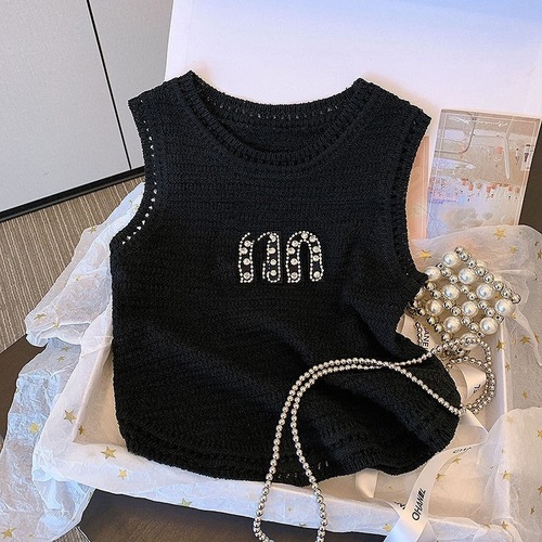 Women's Summer White Letter Knit V-Neck Tank Top with Shoulder Straps - Trendy, Luxury, Slimming, Sleeveless Top