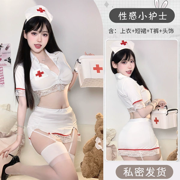 Split nurse uniform, hat, mini-skirt
