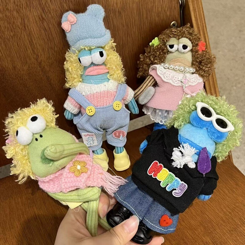 Handmade Bicchiburg Work Outfit Ugly Fish Plush Keychain Wig Overalls with Gift Bag Pendant