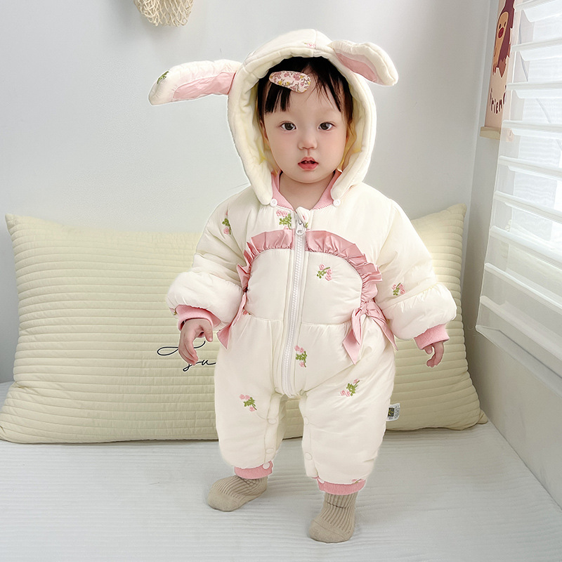 겨울 옷  옷 기모 두꺼운  점프 수트 자수  옷 후드 의상