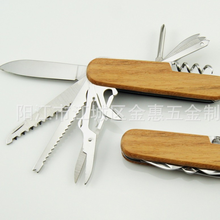 木柄11开小刀 木柄多功能军刀 不锈钢11功能瑞士军刀 11件折叠小