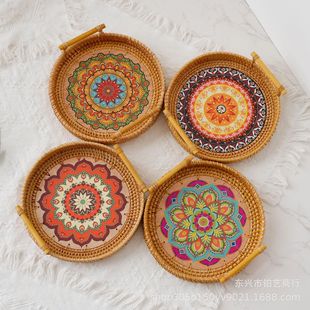Storage Basket Rattan Wicker Snack Pastoral Hand-Woven Fruit Basket Bamboo Basket with Handle Bamboo Basket Fruit Plate Outdoor