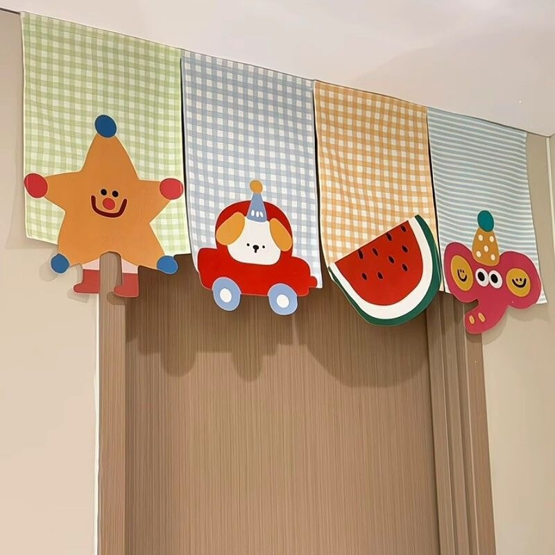Cartoon animal triangular adhesive decorative half curtain, fabric curtain with Velcro, entrance door partition curtain, partition curtain Cartoon animal triangular adhesive decorative half curtain, fabric curtain with Velcro, entrance door partition curtain, partition curtain
