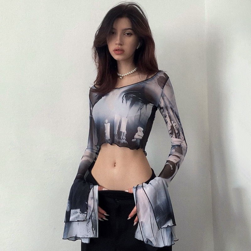 Summer New 2024 Mesh Printed Round Neck Pullover Trumpet Long Sleeve See-through Navel Casual European and American Women's Top