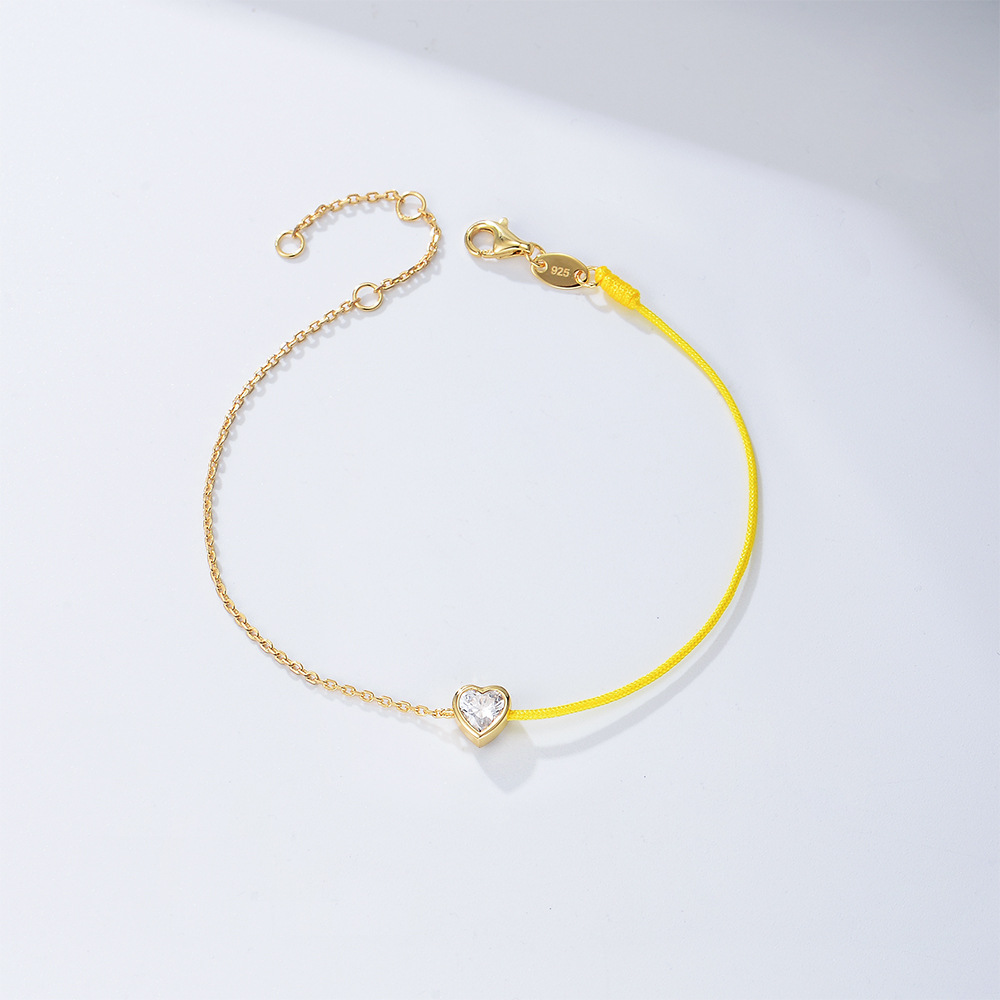 S925 plata esterlina en forma de corazón ZIRCON costura cuerda de color pulsera Mujer simple todo fósforo estilo coreano diamante incrustado suerte cuerda roja joyería