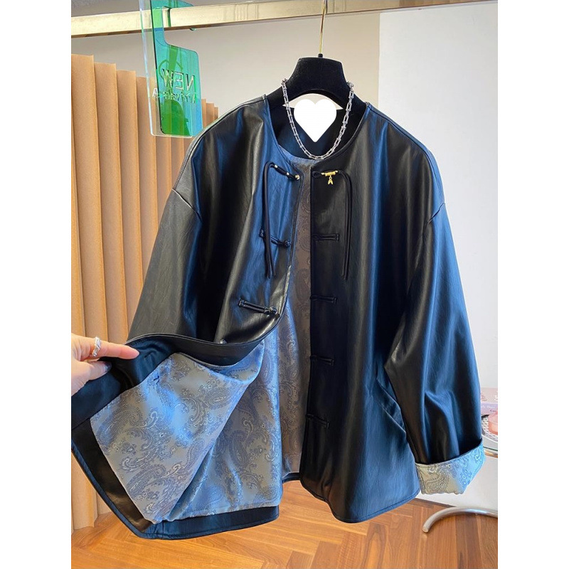 2025 New Cool and Handsome High-End New Chinese Style Light National Style Disc Button Leather Jacket Women's Spring and Autumn Old Money Style Top