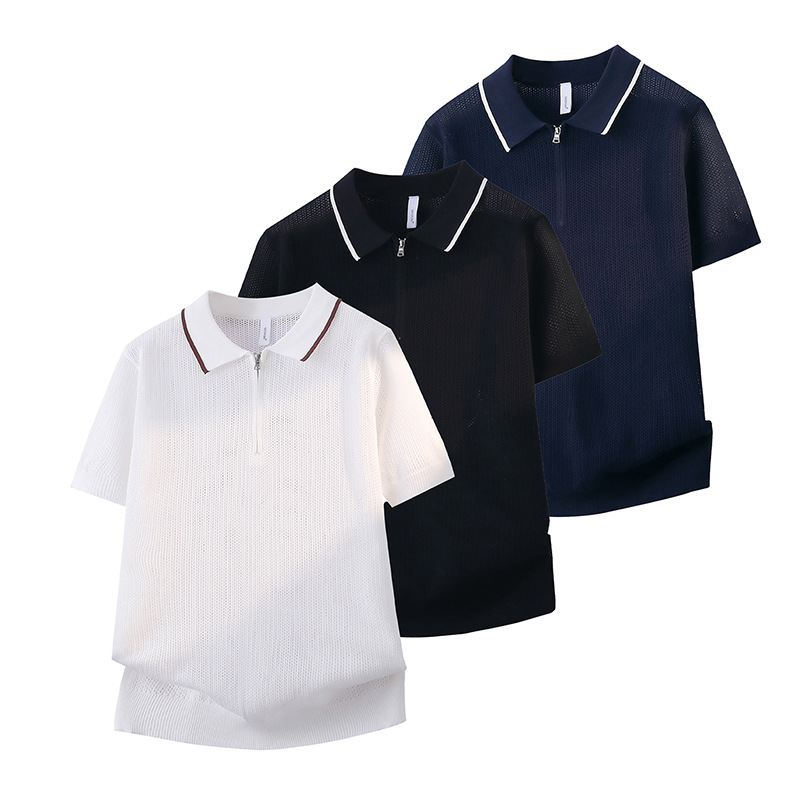 Polo camiseta de punto camiseta de manga corta hombre solapa media cremallera camiseta hueca verano viejo qianfeng fábrica de negocios transfronterizos al por mayor