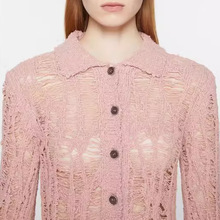粉色镂空灯笼袖针织开衫女25秋季新款设计感修身显瘦翻领长袖上衣