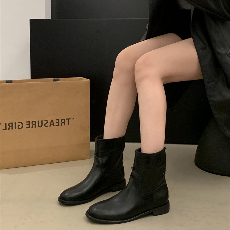 粗跟复古英伦风绒面马丁靴女鞋2025新款瘦瘦法式小短靴春秋单靴子|undefined