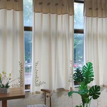 米色棉麻亚麻绣花窗帘窗幔客厅阳台飘窗半遮光透光不透人挂钩穿杆