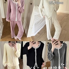 带胸垫莫代尔睡衣女款春秋季2025新款长袖长裤开衫紫色家居服套装
