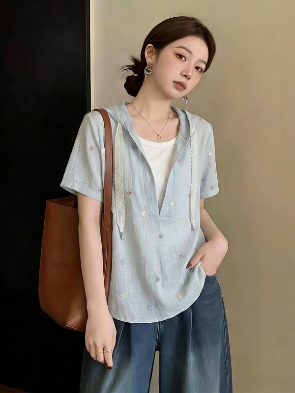 Áo sơ mi ngắn tay phối mũ trùm dáng rộng che bụng cho nữ size lớn — xanh lam
