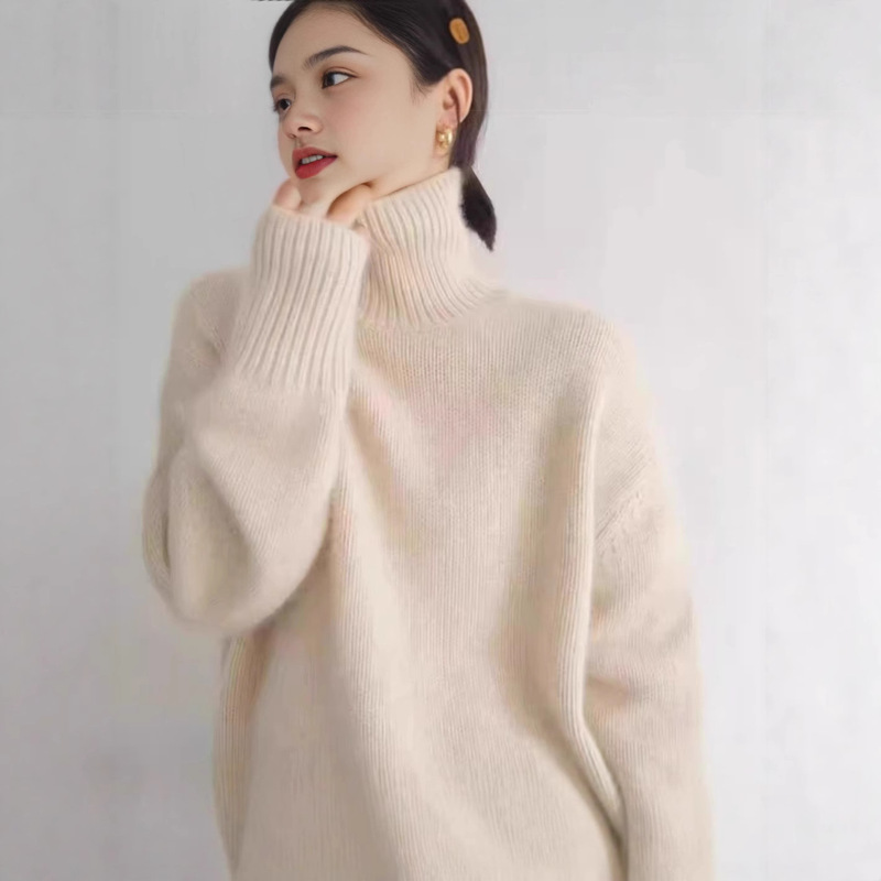 New Autumn and Winter Turtleneck Goat Sweater for Women, Thickened, Loose, Lazy Style Sweater, Versatile Solid Color Knitted Base Shirt