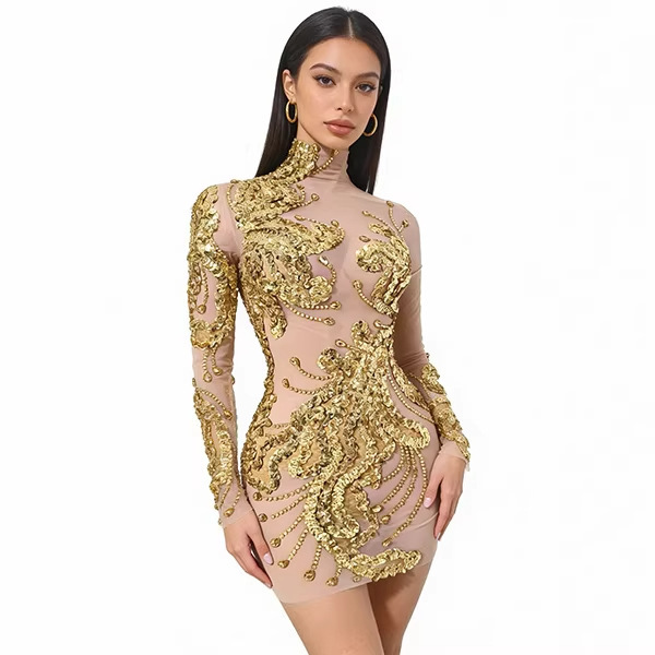 Cross-Border European and American Mesh Rhinestone Women's Birthday Party Dress Long-Sleeved See-Through Gold Sexy Prom Performance Outfit