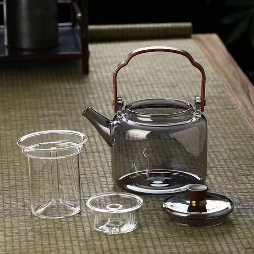 High borosilicate glass teapot walnut wood smoky gray handlebar teapot double-bile teapot heated by open flame