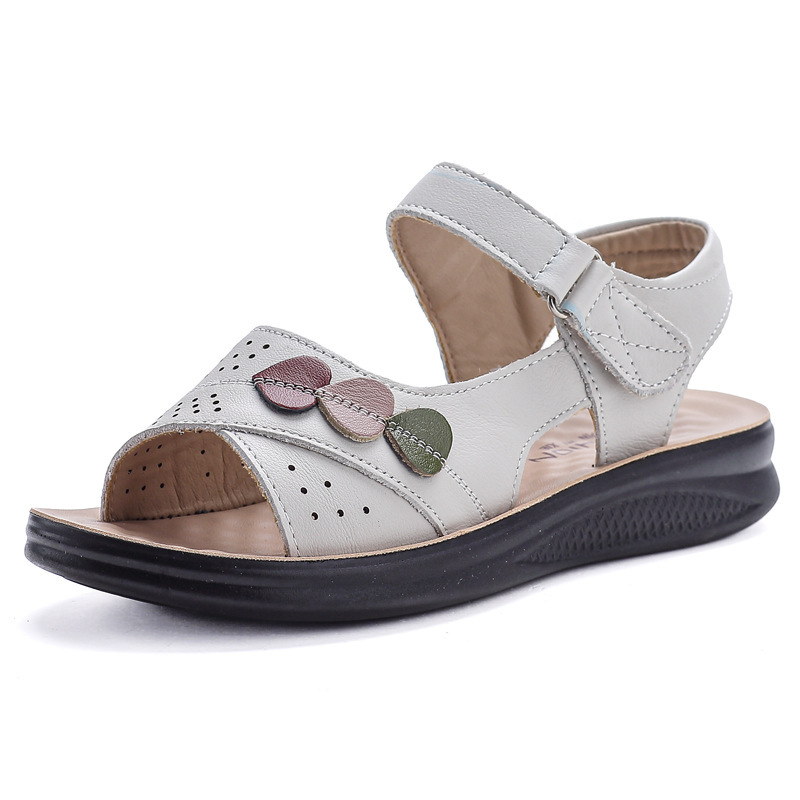 Real Cowhide Middle-aged and Elderly Mother Sandals Women's New Summer French Style Skirt Platform Platform Massage Flat Roman Sandals