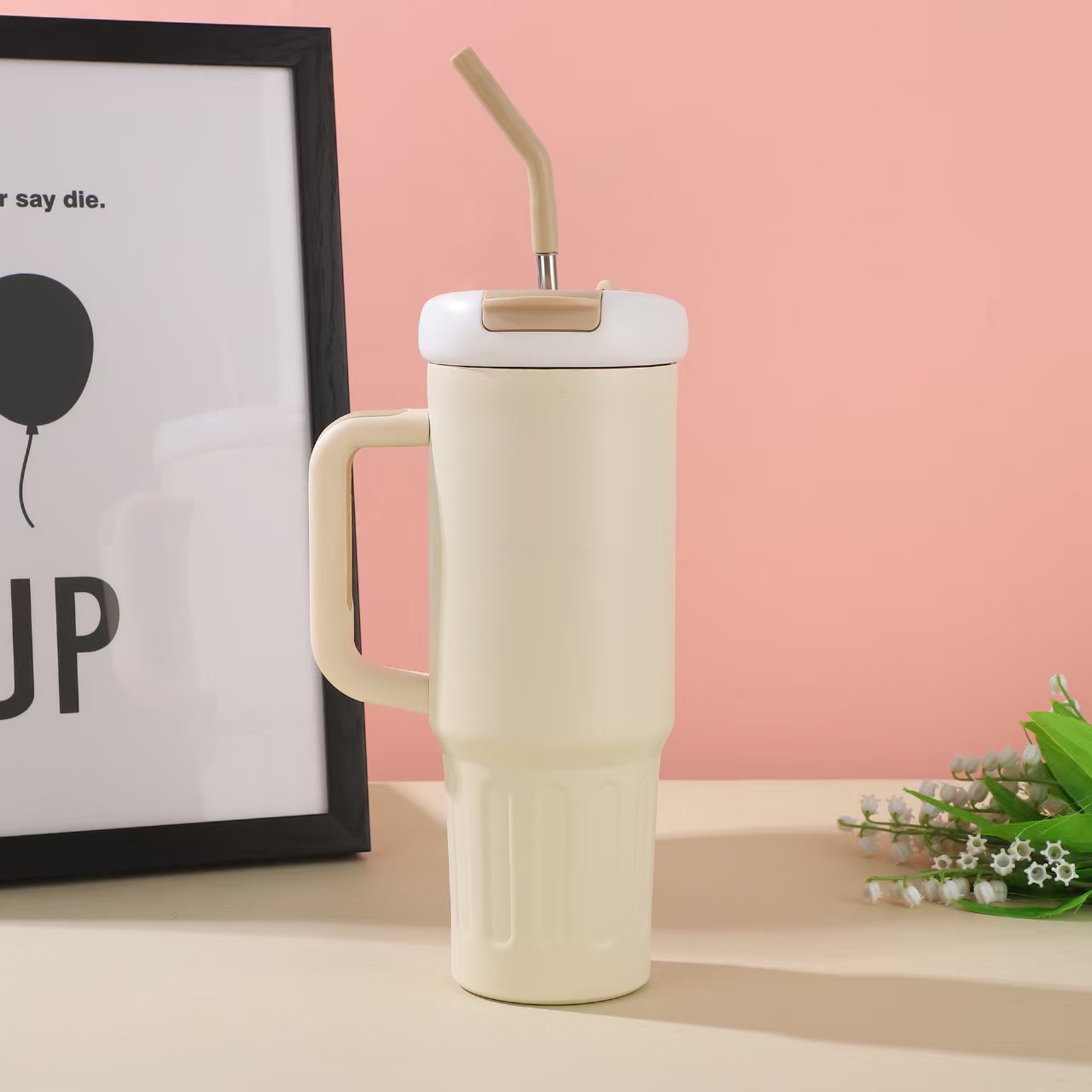 Gran capacidad transfronteriza 40oz taza de hielo con mango taza de aislamiento de acero inoxidable taza portátil de paja taza de automóvil al por mayor