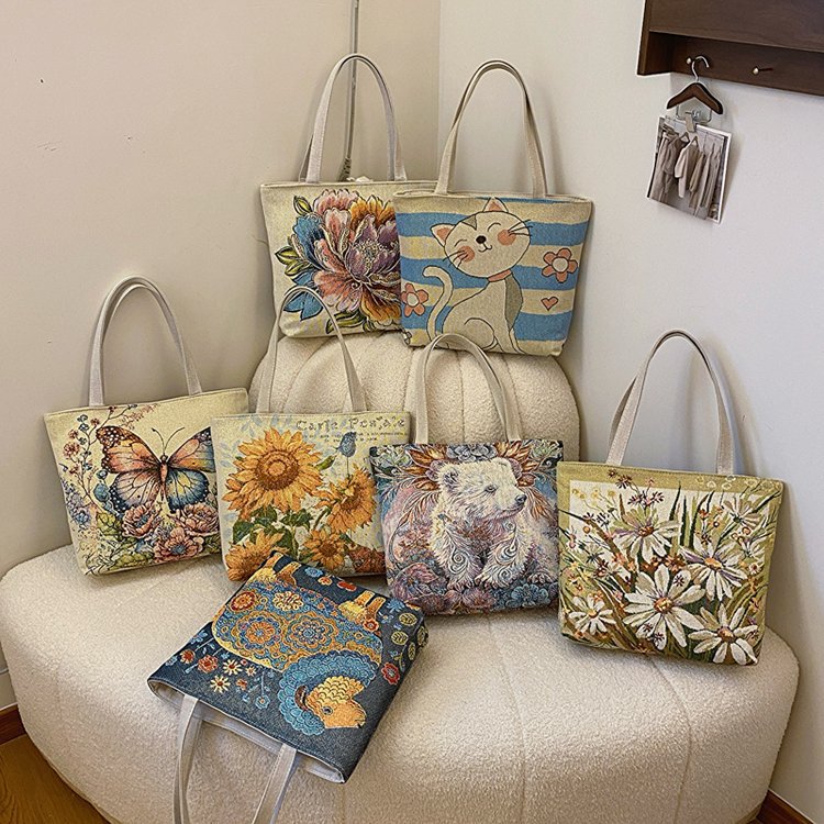 Double sided gold wire jacquard embroidered canvas student tutoring shoulder large capacity mommy bag, artistic style_voghion.com