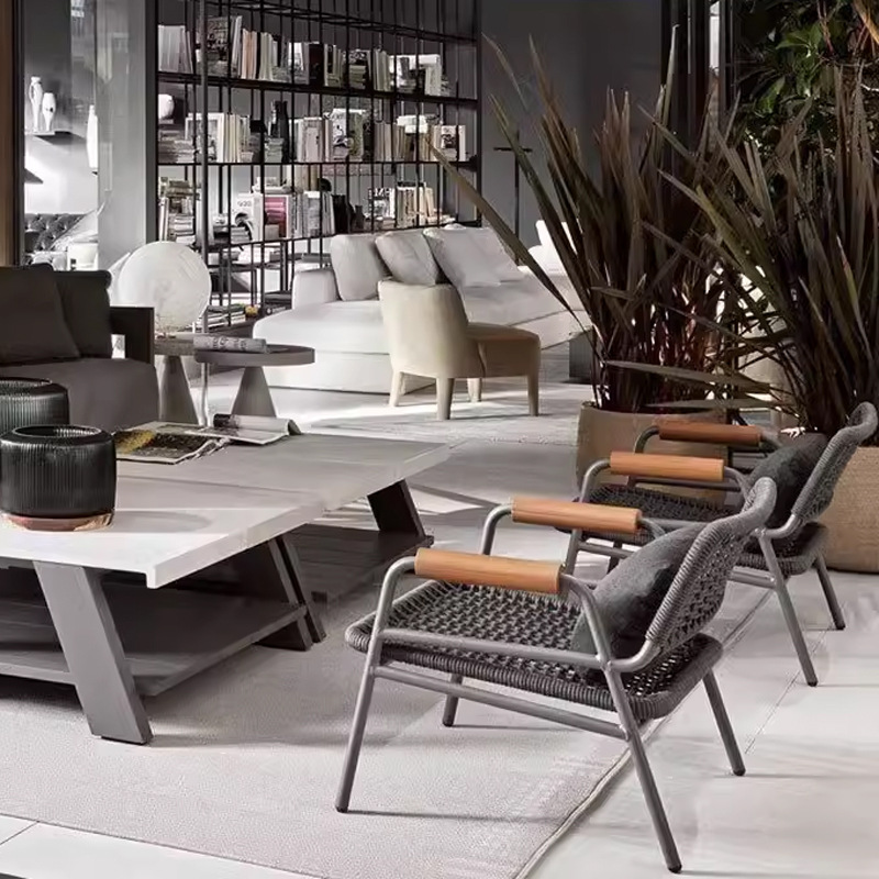 Nórdico al aire libre ocio de caña sofá individual patio al aire libre balcón simple al aire libre aleación de aluminio silla de teca combinación