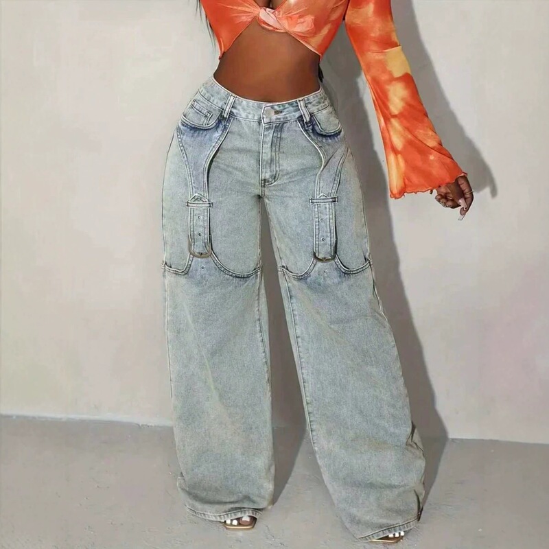 European and American Cross-Border New Plus-Size Women's Casual Fashion Street Style Daily Commute Faux Two-Piece Loose Wide-Leg Jeans European and American Cross-Border New Plus-Size Women's Casual Fashion Street Style Daily Commute Faux Two-Piece Loose Wide-Leg Jeans