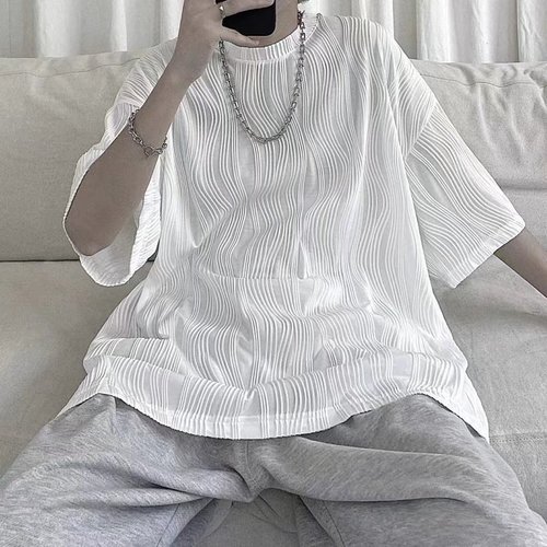 Men's Summer Loose Fit Flowing Ice Silk Striped T-Shirt with 5-Button Sleeve - Trendy Top for Casual Wear and Personal Style