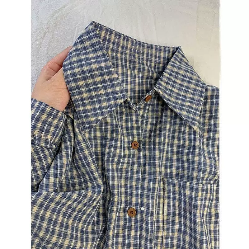 蓝色格子衬衫女装春秋夏季新款宽松衬衣小众防晒休闲内搭叠穿外套