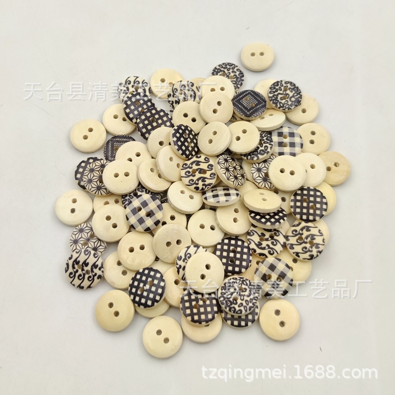 Tronco de 15mm a cuadros en blanco y negro, botones de madera retro, botones decorativos, accesorios de vestir de madera 100 pc/paquete