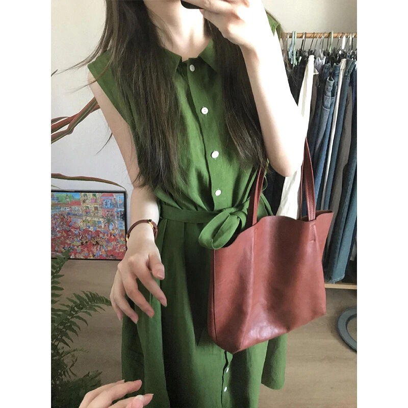 Green Sleeveless Shirt dress Women's Summer New High-end Design Sense Loose Slimming Lace-up Elegant Long Skirt