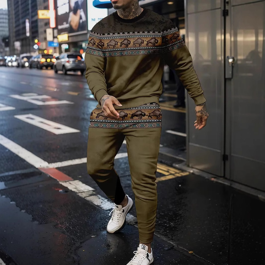 Comercio exterior transfronterizo Europa y América 3D impresión digital retro cuello redondo suéter pantalones traje ME1-ML1