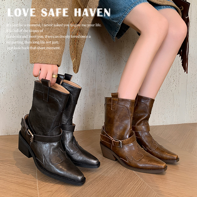 Boot nữ cao gót mũi nhọn chữ V kiểu cowboy gót thô khóa thắt lưng — Màu nâu [lót nhung] chi tiết 2