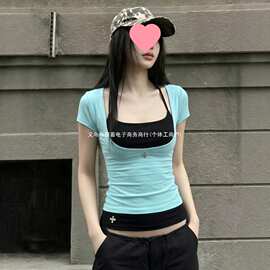 【260克人棉莫代尔】轻亚风撞色假两件短袖t恤女夏季修身显瘦上衣