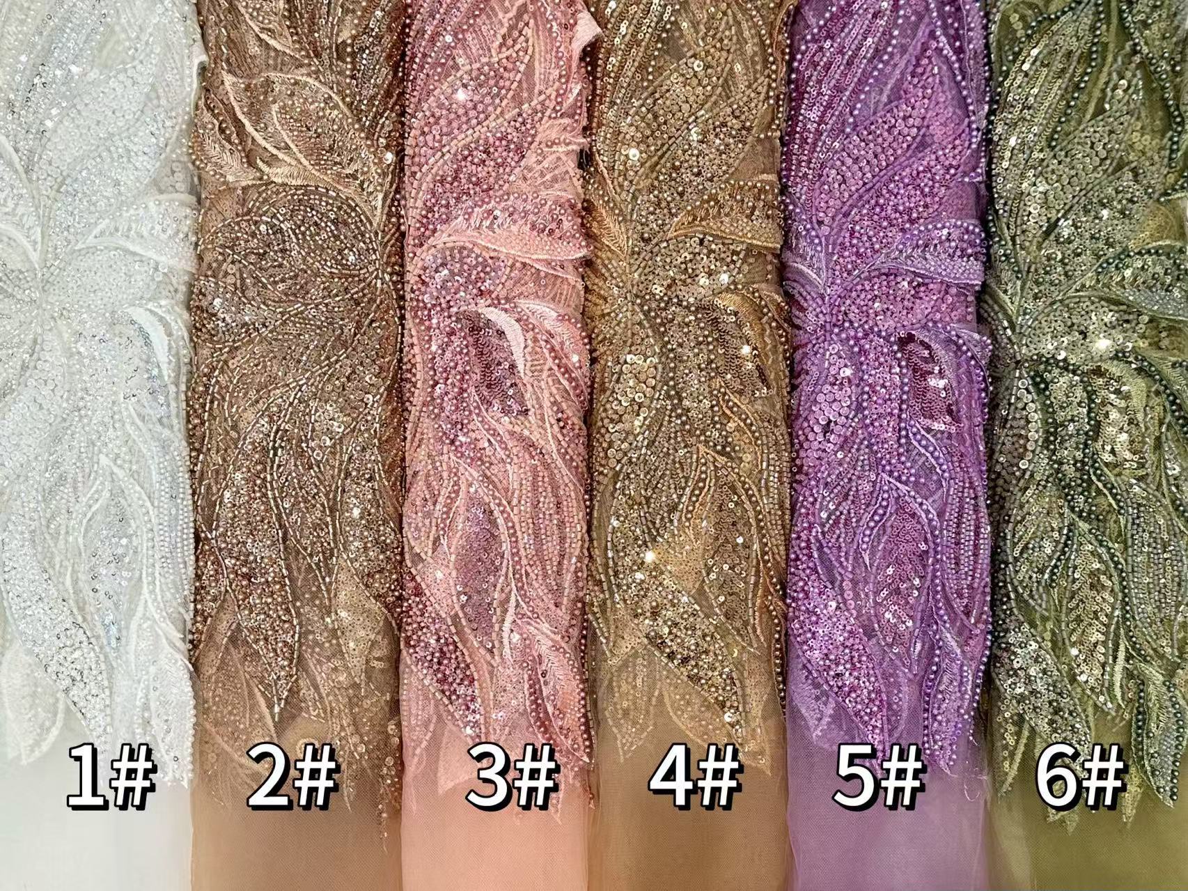 Industria pesada pétalos tridimensionales tubo de cuentas tela bordada vestido de novia de alto lujo cena vestido de moda tela bordada de cuentas de nicho
