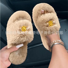 外贸新款毛毛拖鞋女金属扣一字拖欧美居家棉拖冬季外穿毛半拖shoe