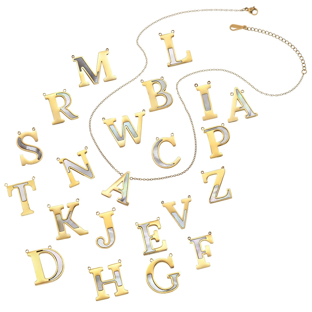 Golden necklace with letters stainless steel, stone inlay, brand fashionable universal pendant, chain for key bag , European style, DIY