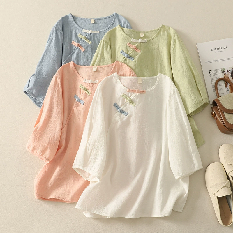 Летние женские топы, улучшенная повседневная футболка из хлопка и льна с жаккардовыми пуговицами в китайском стиле, свободная литературная рубашка большого размера