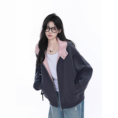 【坐吃山空】美式复古撞色连帽开衫卫衣女oversize宽松无性别外套