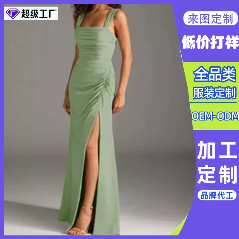 东莞虎门工厂定制跨境女士开叉收腰吊带后背绑带绿色伴娘服连衣裙