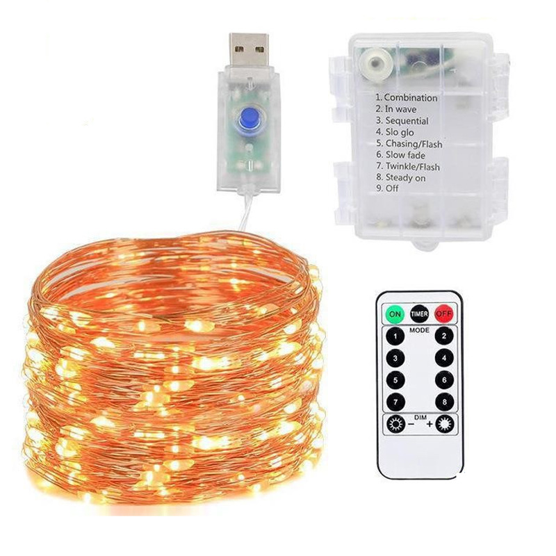 Luces de cadena de alambre de cobre LED transfronterizas vacaciones al aire libre luces decorativas de Navidad USB ocho funciones control remoto luces de cadena de alambre de cobre impermeables