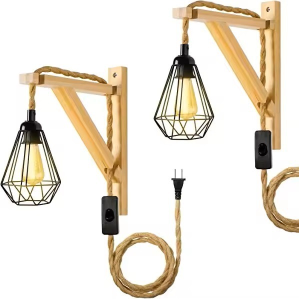 Casa de granja 2 conjuntos de lámparas de lámpara enchufables soporte de pared de madera y cable de lámpara colgante de madera triángulo torta de soporte de lámpara de pared cable de trenzado