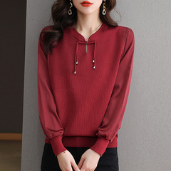 年輕媽媽春秋新款中國風外穿針織上衣高檔女裝中年大碼氣質冰絲衫