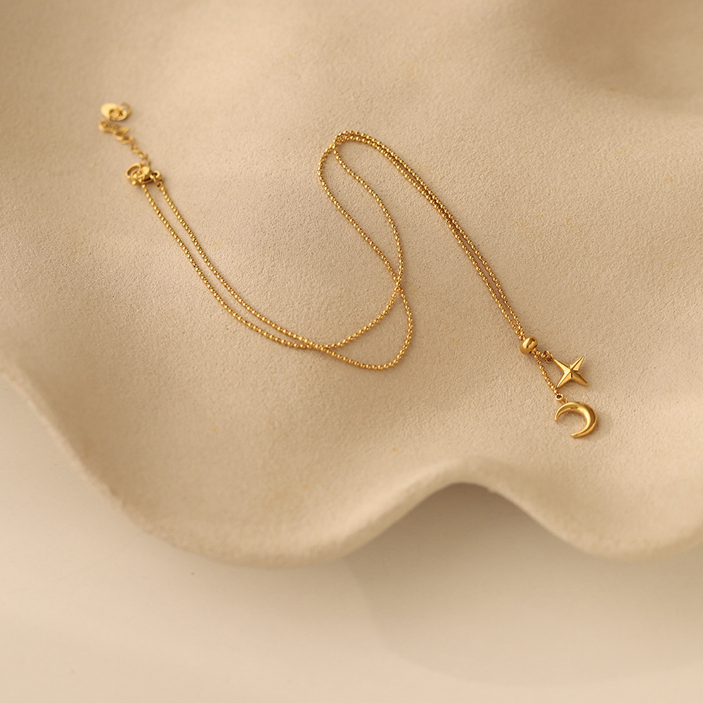 304 Stainless Steel Chain Material 18K Gold Plating Color ball chain Chain Type 1 Piece Quantity PVD Coated Real Gold Plated 18K Gold Star Moon 304 Stainless Steel Simple Style Waterproof Non Tarnish 304 Stainless Steel Pendant Necklace