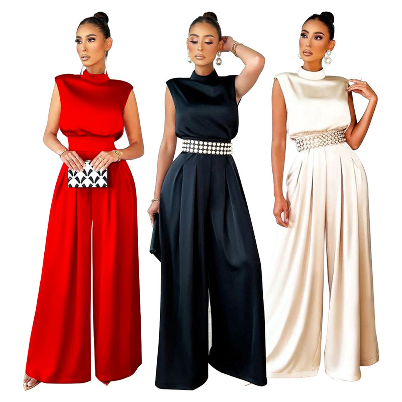 K10190 AliExpress European and American Women's 2022 New Fashion Wide Leg Pants Solid Color High Neck Sleeveless Waisted Pants