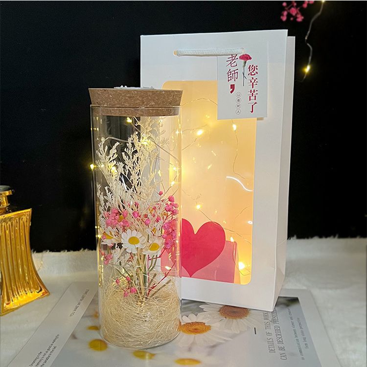 Botella de Vidrio Luminosa Creativa para el Día del Maestro con Ramo de Flores Secas de Gypsophila, Regalo al por Mayor para Maestros