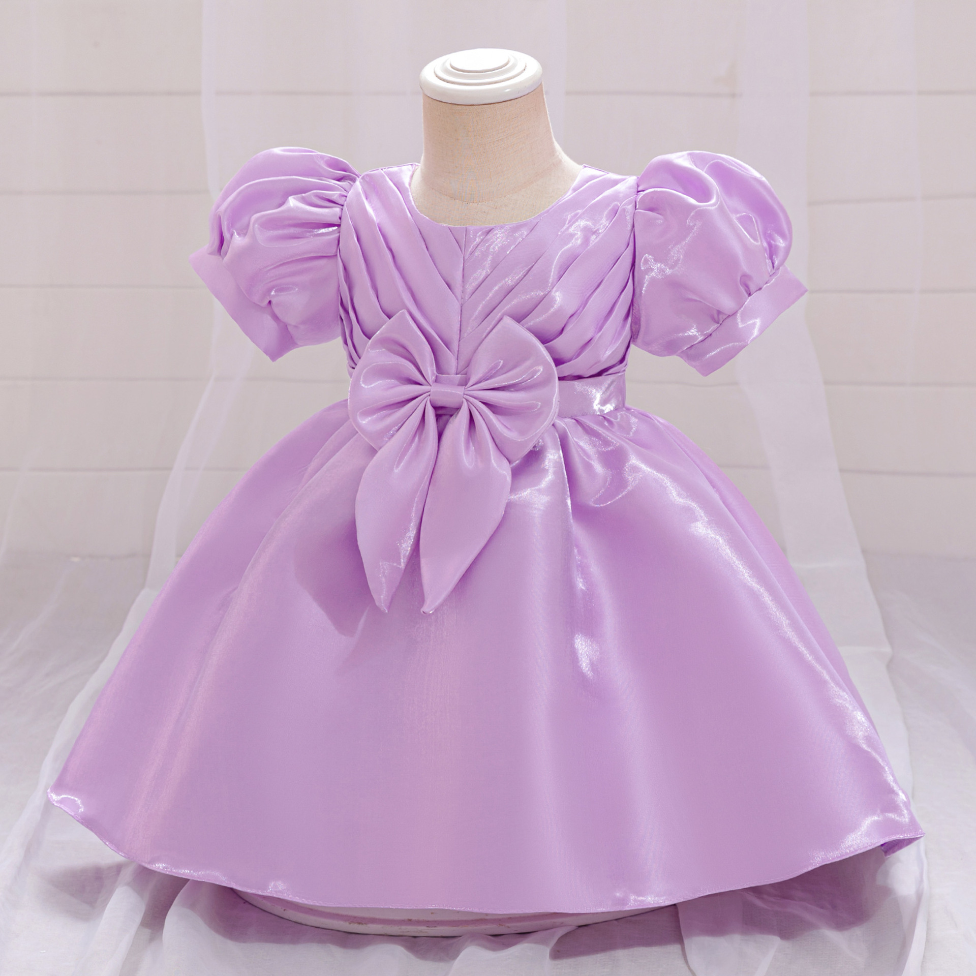 Nuevo comercio exterior ropa infantil de agua satin burbuja manga arco vestido de princesa púrpura vestido de noche para niños image 3