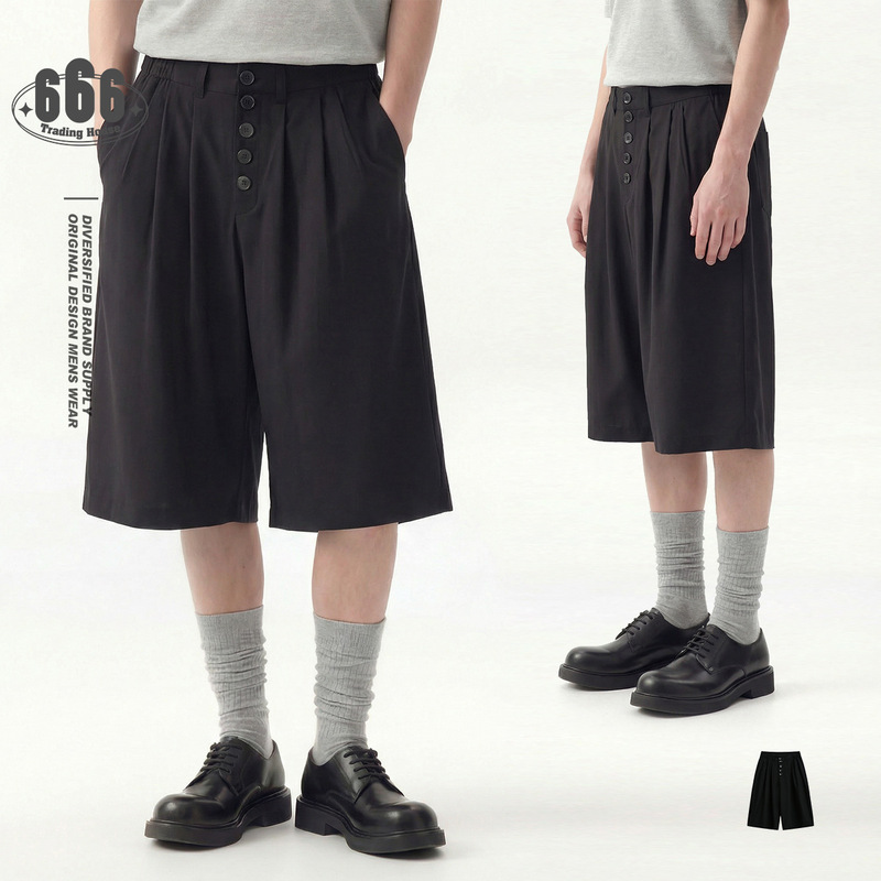 Answer Me Trendy Buttoned Black Casual Shorts for Men, Summer Loose Straight Five-Point Pants, Men's Pants K400